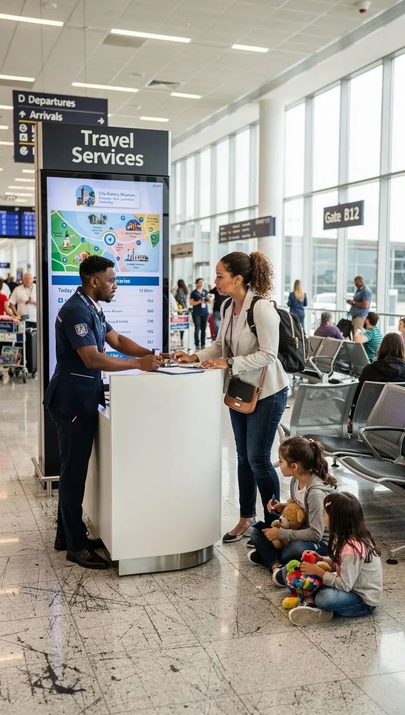 Zespół doradców podróży omawiający harmonogram wizyt w muzeach i parkach rozrywki.