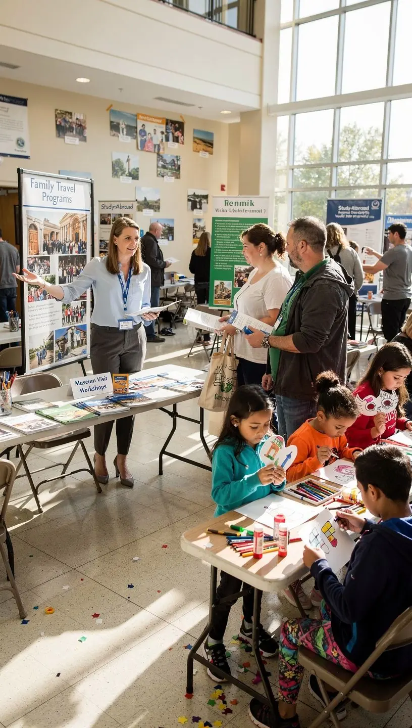 Grupa turystów planująca wycieczkę, siedząca przy stole z mapą i informacjami o atrakcjach.