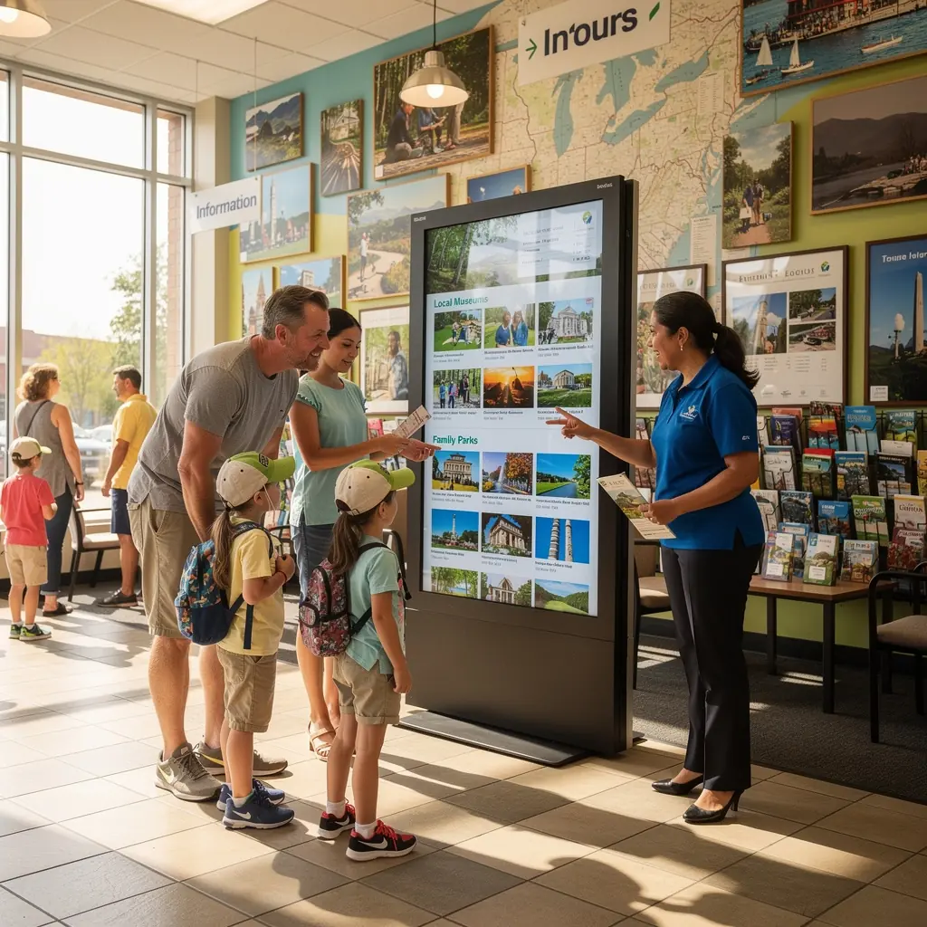 Dzieci bawiące się w parku, podczas gdy rodzice planują dalsze atrakcje podróży.