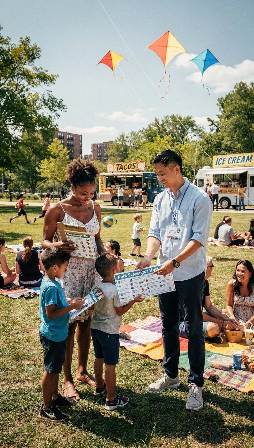 Rodzina zwiedzająca muzeum z przewodnikiem, ciesząc się interaktywnymi wystawami.