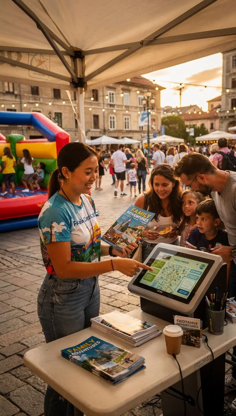 Rodzina z dziećmi zwiedzająca muzeum, z uśmiechami na twarzach.