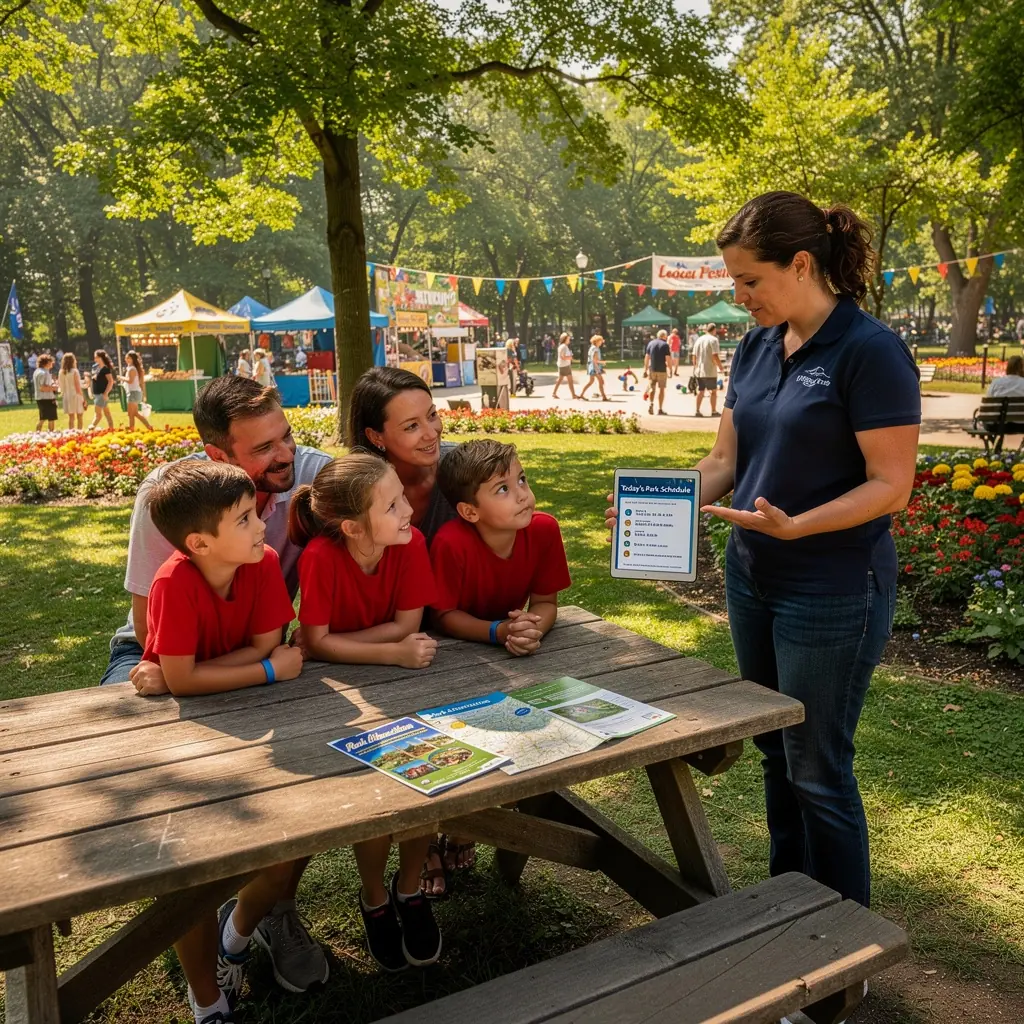 Rodzina zwiedzająca muzeum, z uśmiechami na twarzach, trzymająca mapę atrakcji.