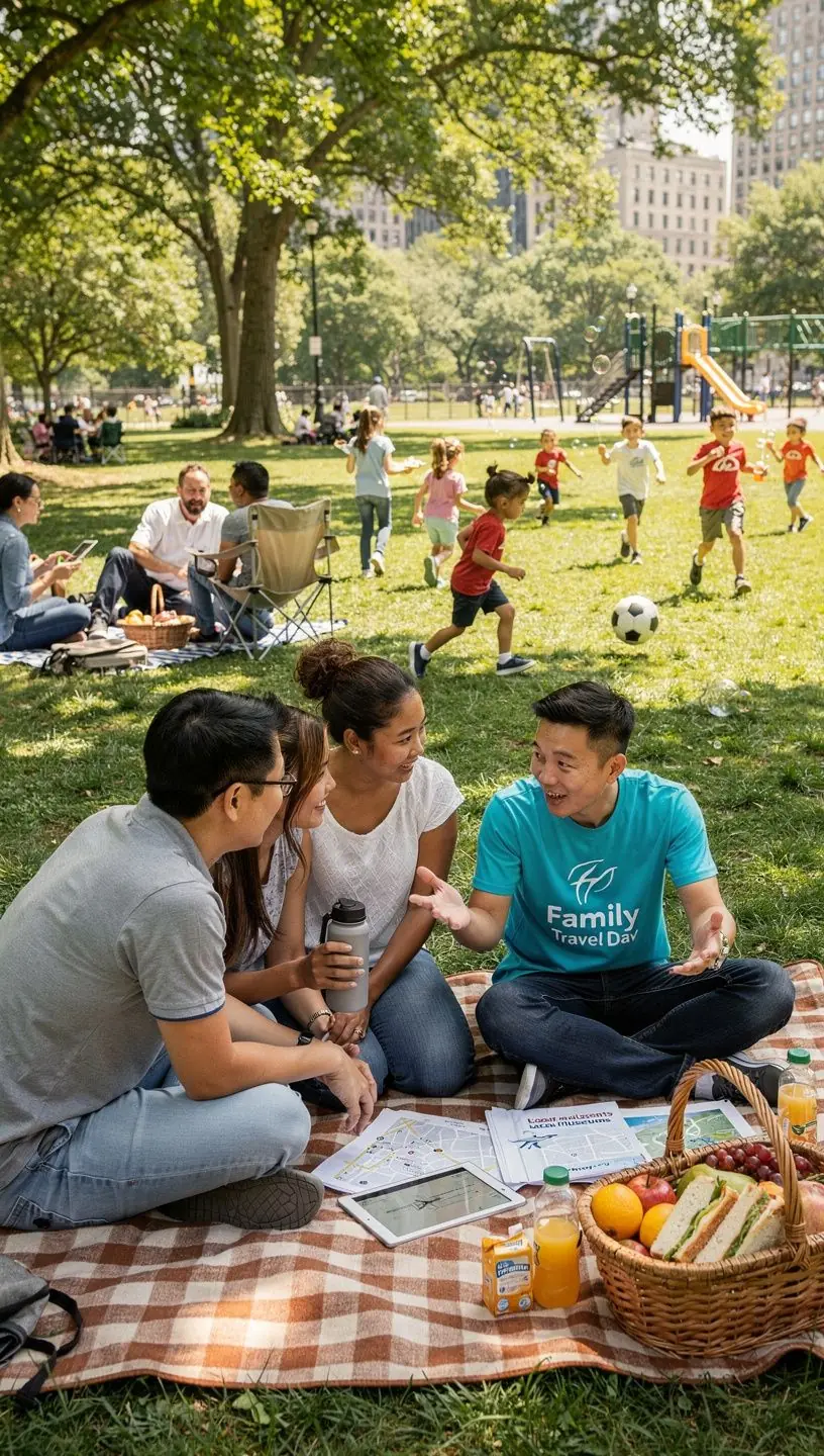 Dzieci bawiące się w parku, z rodzicami pilnującymi ich bezpieczeństwa.