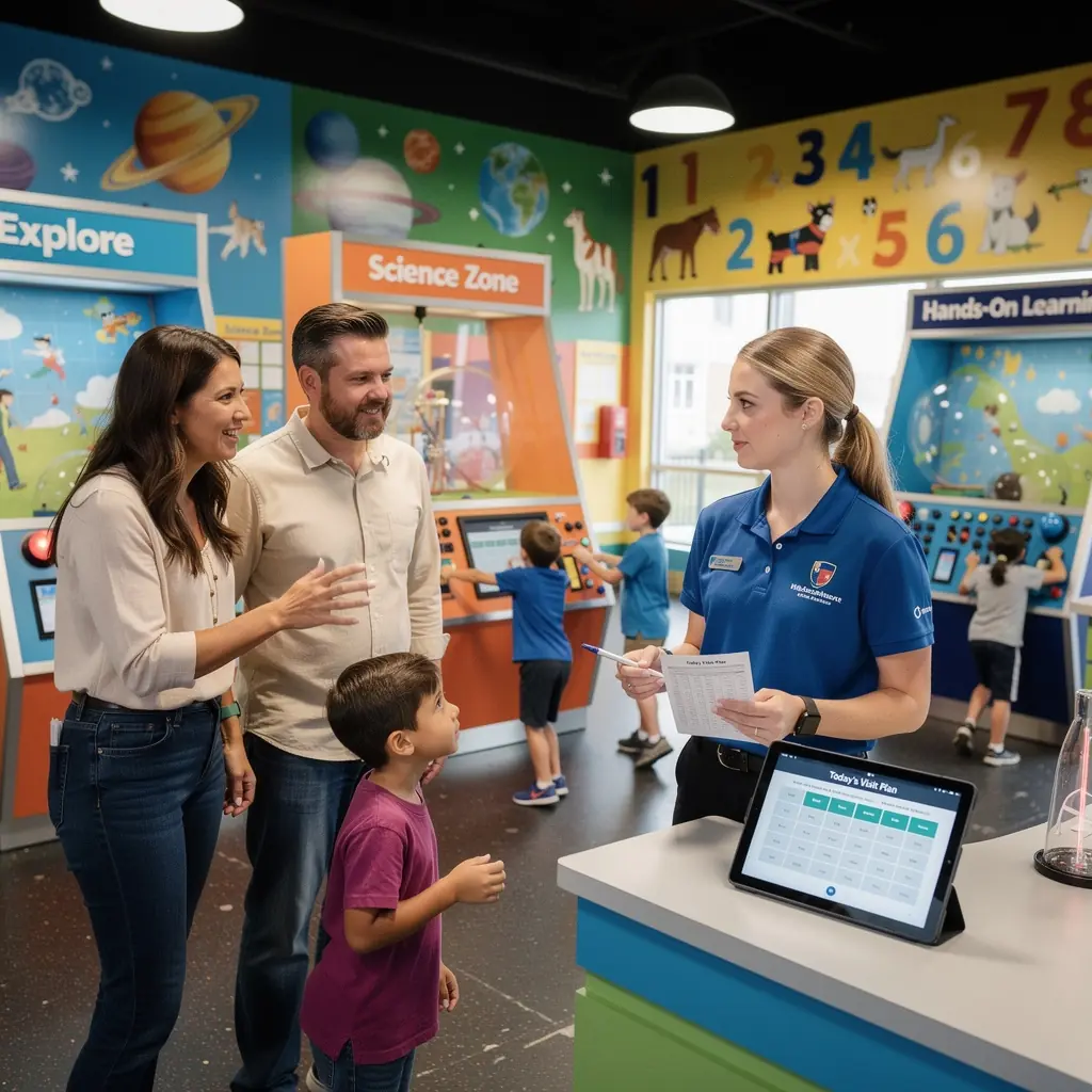 Rodzice organizujący harmonogram zwiedzania muzeum z dziećmi.