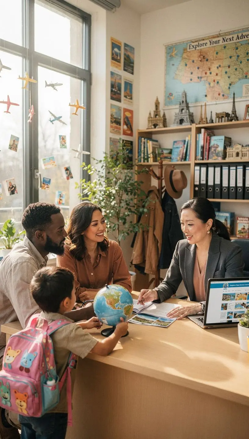 Rodzina zwiedzająca muzeum z uśmiechami na twarzach, otoczona eksponatami.
